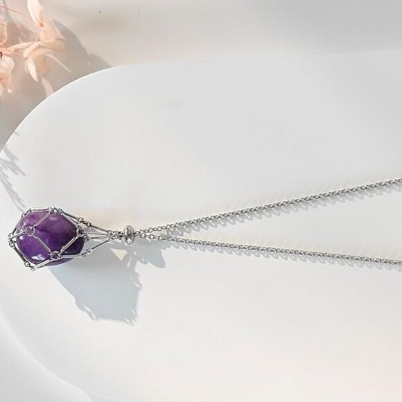 Women's Interchangeable Silver Amethyst Crystal Stone Luxury Cage Pendant - Picture 2 of 5